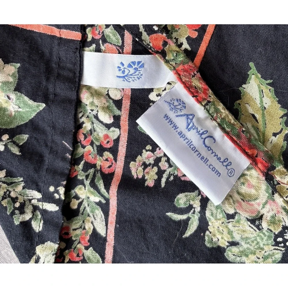 April Cornell Tablecloth 65x68 Round Red Pink Green Floral Merry Black Cotton